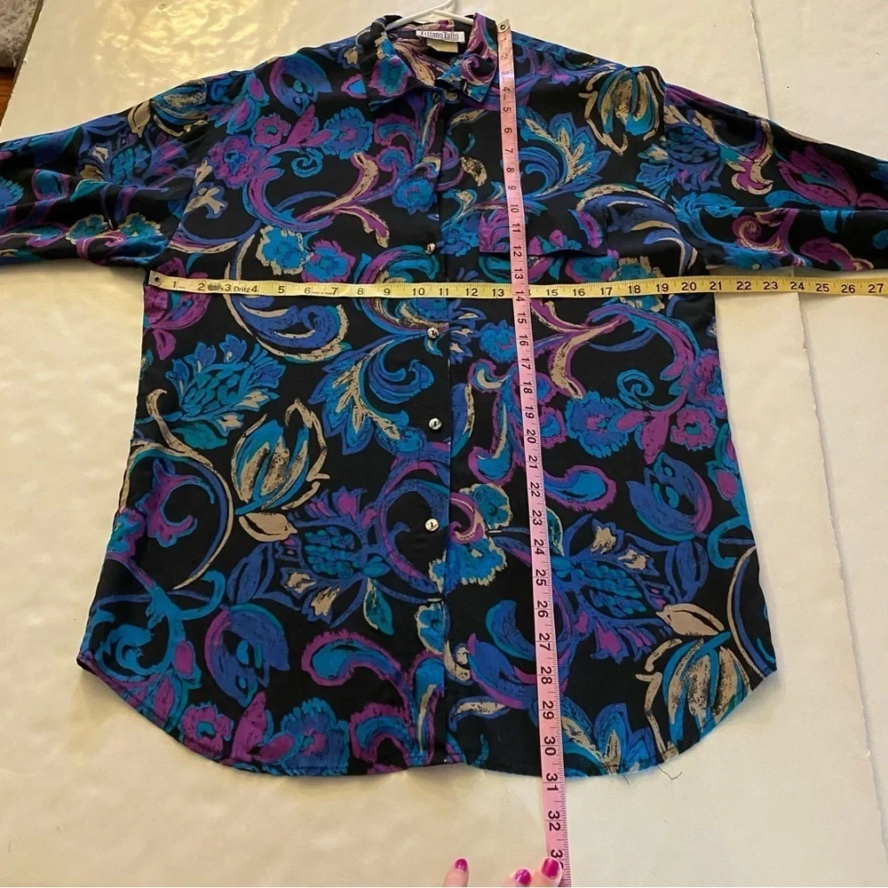 Vintage 80s 90s Button Down Shirt Blouse Womens Size 12 Large Floral Tunic Black